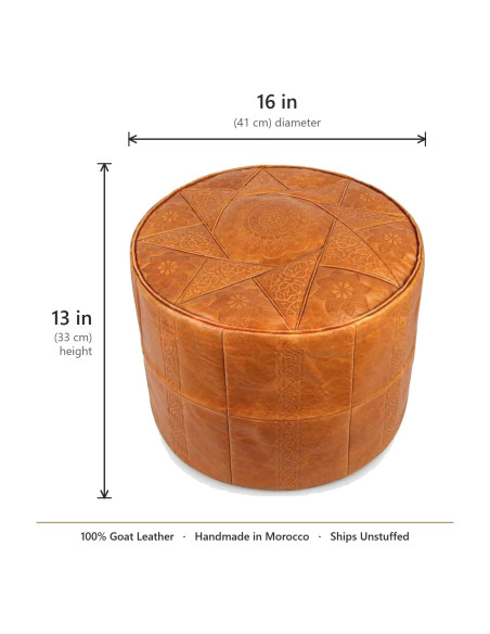 Pouf marocain Rabat en cuir caramel – Ø 16 po