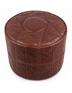 Moroccan Rabat Leather Pouf, Dark Brown – Ø 16 in