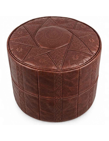 Pouf marocain Rabat en cuir brun – Ø 16 po