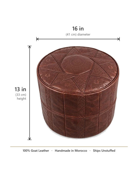Pouf marocain Rabat en cuir brun – Ø 16 po