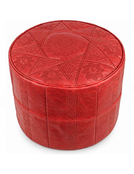 Moroccan Rabat Leather Pouf, Red – Ø 16 in