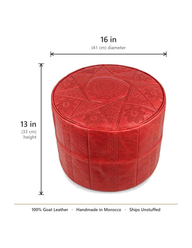 Moroccan Rabat Leather Pouf, Red – Ø 16 in