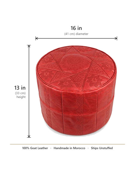 Moroccan Rabat Leather Pouf, Red – Ø 16 in