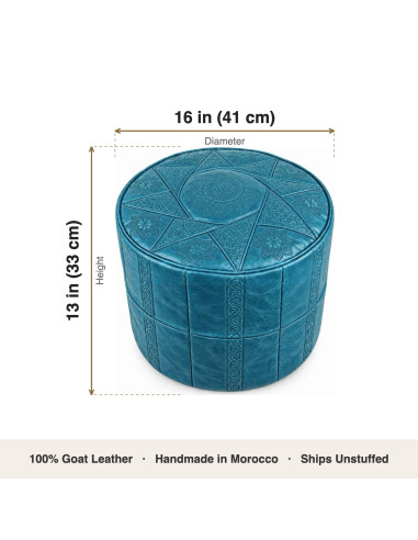 Moroccan Rabat Leather Pouf, Turquoise – Ø 16 in