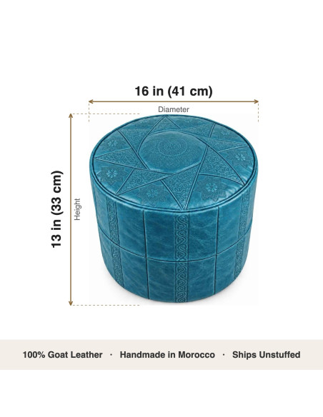 Moroccan Rabat Leather Pouf, Turquoise – Ø 16 in