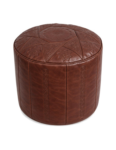 Moroccan Casablanca Leather Pouf, Brown – Ø 18 in