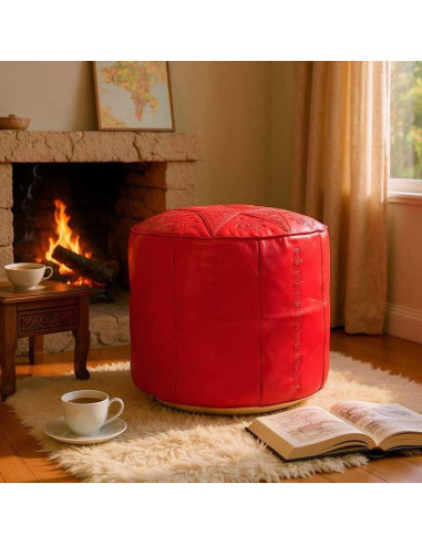 Moroccan Casablanca Leather Pouf, Red – Ø 18 in