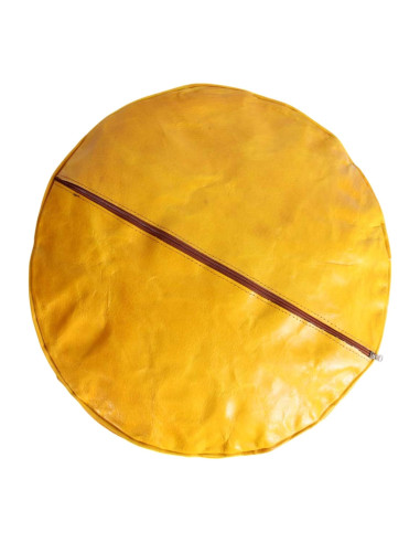 Moroccan Casablanca Leather Pouf, Yellow – Ø 18 in