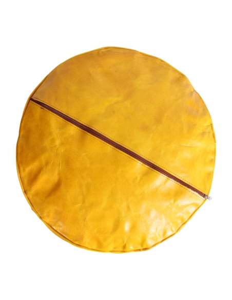 Moroccan Casablanca Leather Pouf, Yellow – Ø 18 in