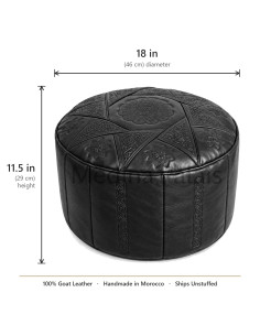 Low Moroccan Marrakech Pouf, Black Leather – Ø 18 in 2