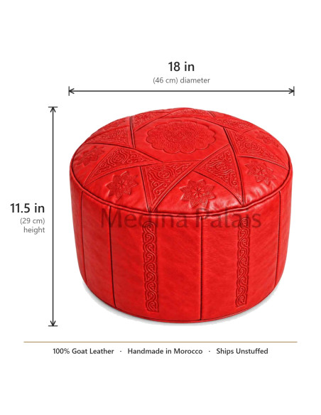 Low Moroccan Marrakech Pouf, Red Leather – Ø 18 in