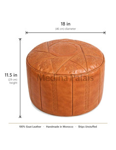 Pouf marocain bas Marrakech, cuir caramel – Ø 18 po 2