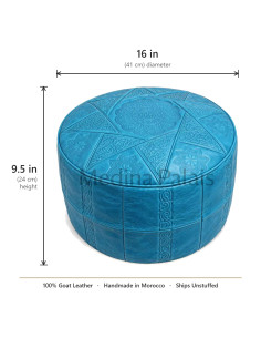 Moroccan Fes Leather Pouf, Turquoise – Ø 16 in 2
