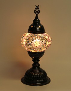 Turkish Purple Mosaic Lamp with a pale pink flower, 13 in