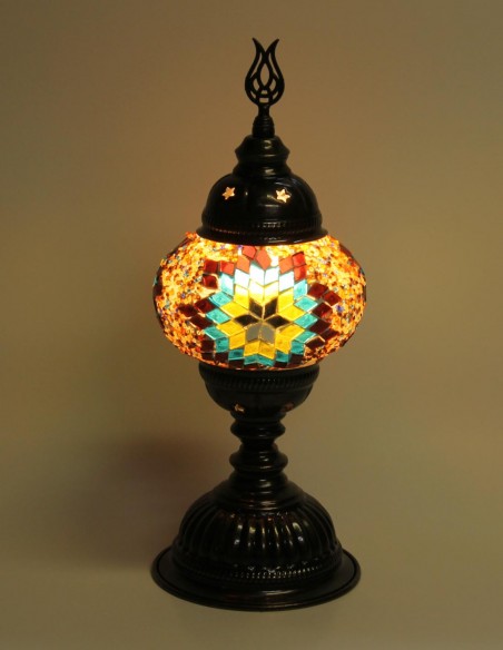 Turkish Mosaic Lamp with a green and gold rosette, 13 in