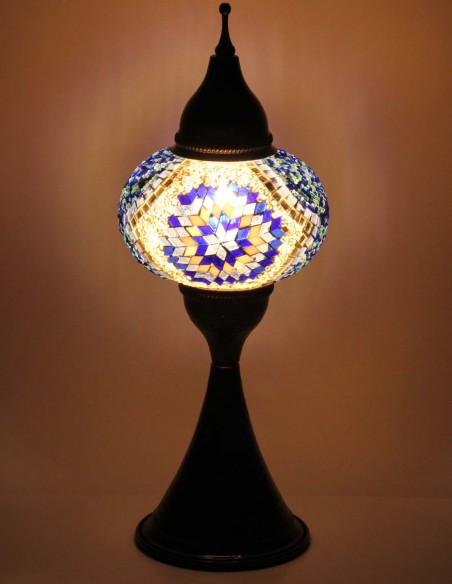 Turkish Mosaic Lamp with a blue star on cream, 17 in