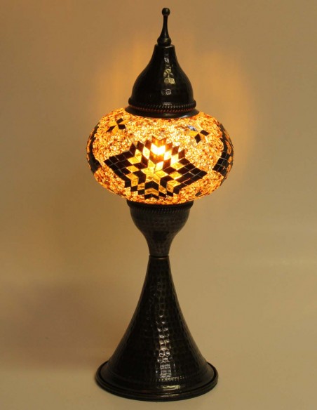 Turkish Brown Mosaic Lamp with black and gold diamonds, 17 in