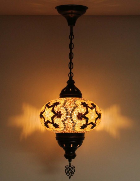 Turkish Mosaic Pendant Lamp with brown stars, 9.5 in
