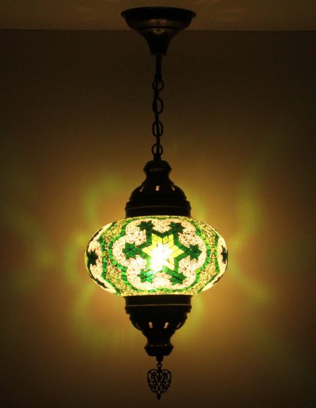Turkish Mosaic Pendant Lamp with green stars, 9.5 in