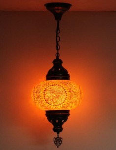 Turkish Amber Mosaic Pendant Lamp with rosettes, 9.5 in