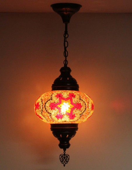 Turkish Mosaic Pendant Lamp with red crosses, 9.5 in