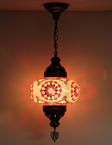 Turkish Mosaic Pendant Lamp with red arches, 9.5 in