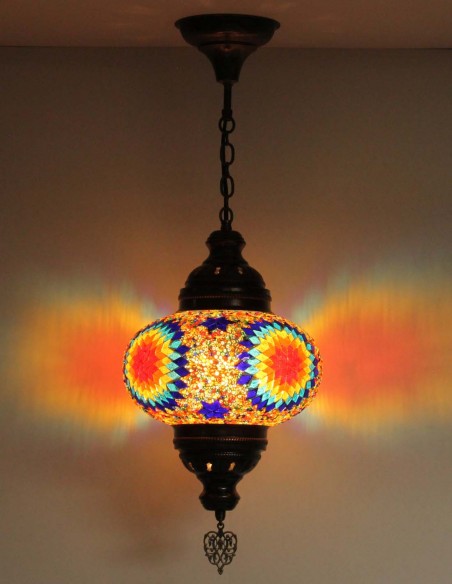 Turkish Mosaic Pendant Lamp with orange and blue rosettes, 9.5 in