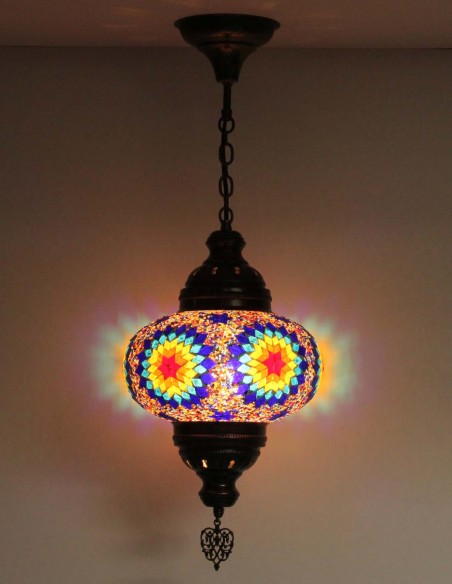 Turkish Purple Mosaic Pendant Lamp with red rosettes, 9.5 in