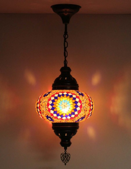 Turkish Red Mosaic Pendant Lamp with blue rosettes, 9.5 in