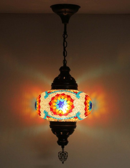 Turkish Mosaic Pendant Lamp with a turquoise band, 9.5 in