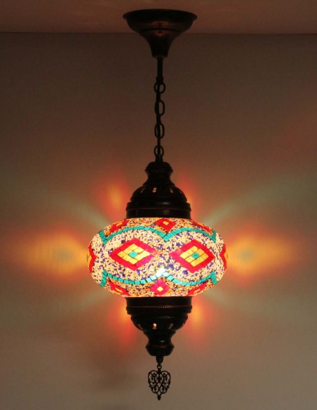 Turkish Mosaic Pendant Lamp with red and turquoise diamonds, 9.5 in