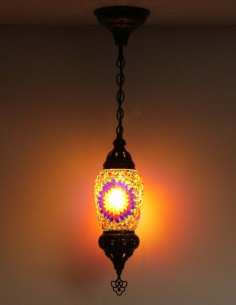 Turkish Mosaic Pendant Lamp with a purple rosette, 4 in