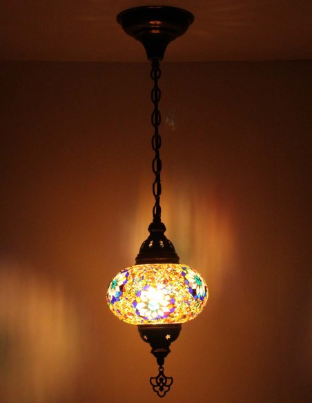 Turkish Mosaic Pendant Lamp with a blue rosette, 6.5 in