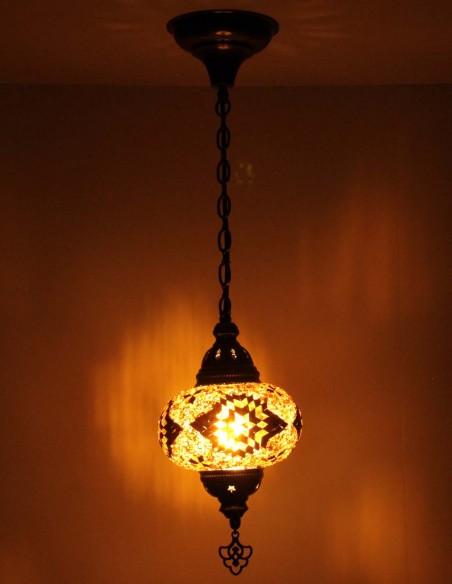 Turkish Brown Mosaic Pendant Lamp with a black and white star, 6.5 in