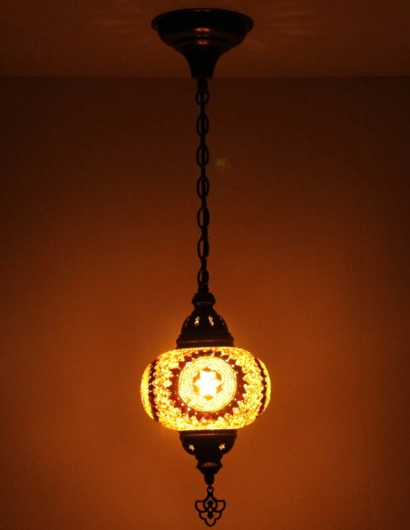 Turkish Mosaic Pendant Lamp with a brown star on cream, 6.5 in