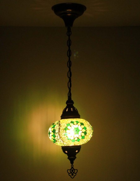Turkish Green Mosaic Pendant Lamp with a white rosette, 6.5 in