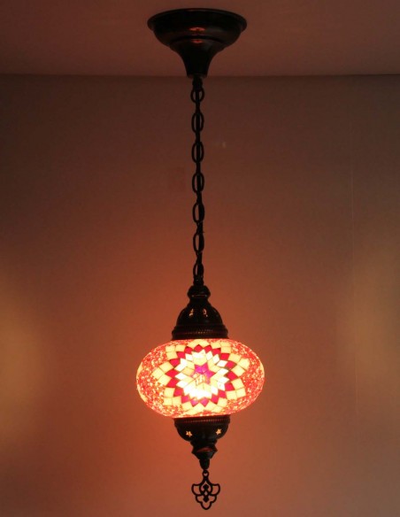 Turkish Red Mosaic Pendant Lamp with a pink and white rosette, 6.5 in