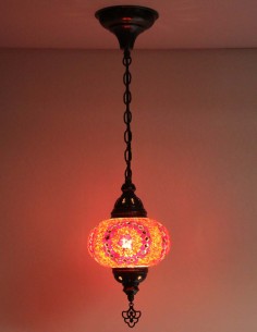Turkish Red Mosaic Pendant Lamp with pink rosettes, 6.5 in