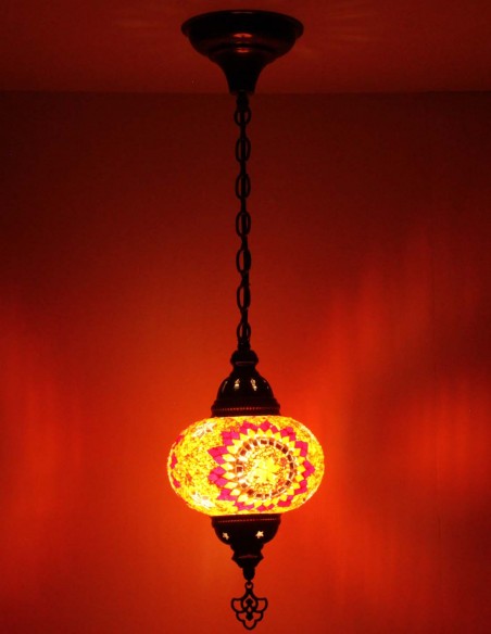 Turkish Mosaic Pendant Lamp with a red rosette on amber, 6.5 in