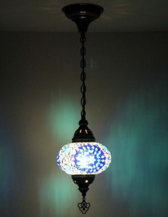 Turkish Mosaic Pendant Lamp with a blue rosette on white,... 2