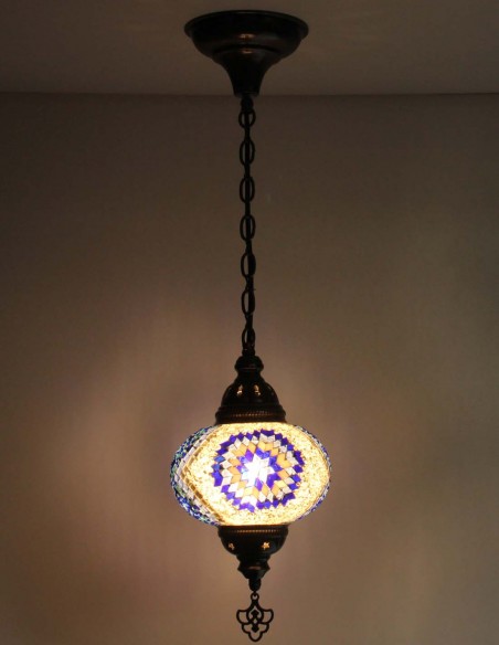 Turkish Mosaic Pendant Lamp with blue circles on cream, 6.5 in