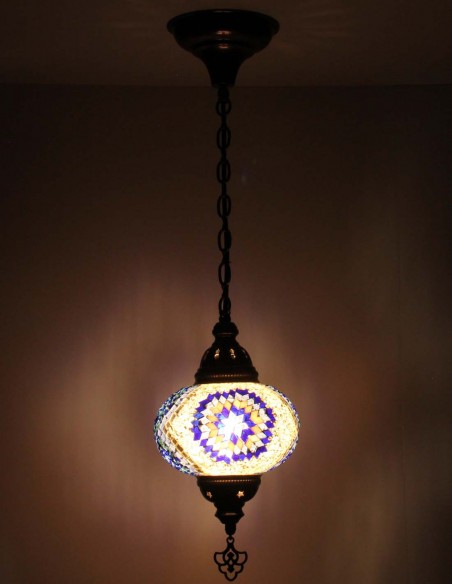 Turkish Mosaic Pendant Lamp with blue circles on cream, 6.5 in