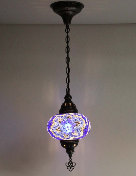 Turkish Purple Mosaic Pendant Lamp with a white band, 6.5 in
