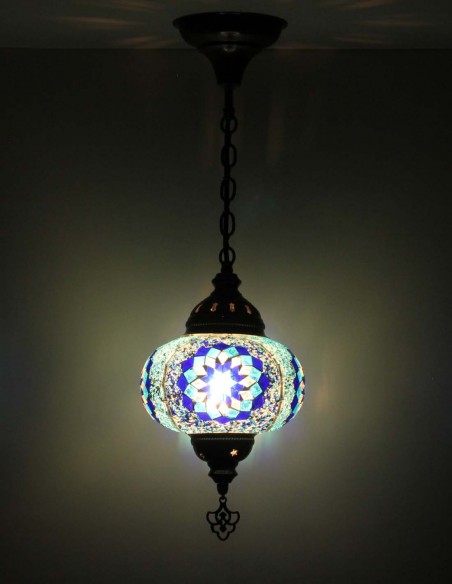 Turkish Mosaic Pendant Lamp with a blue rosette on white, 7.5 in