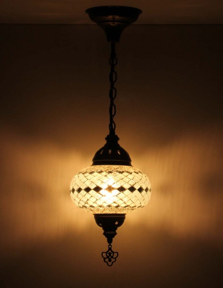 Turkish White Mosaic Pendant Lamp with black diamonds, 7.5 in