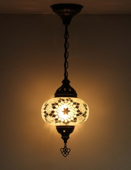 Turkish White Mosaic Pendant Lamp with a black star, 7.5 in