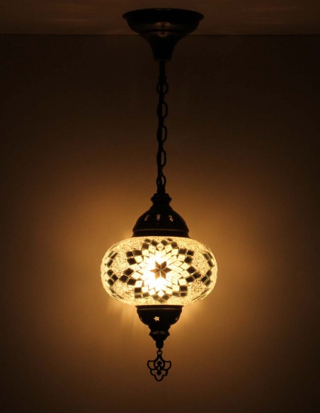 Turkish White Mosaic Pendant Lamp with a black star, 7.5 in