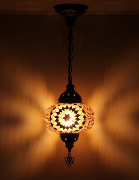 Turkish Brown Mosaic Pendant Lamp with a black star, 7.5 in