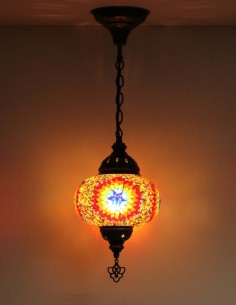 Turkish Mosaic Pendant Lamp with an orange star, 7.5 in