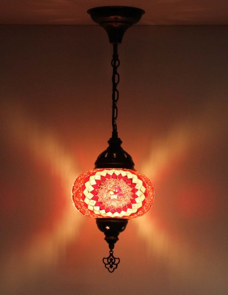 Turkish Red Mosaic Pendant Lamp with a pink star, 7.5 in
